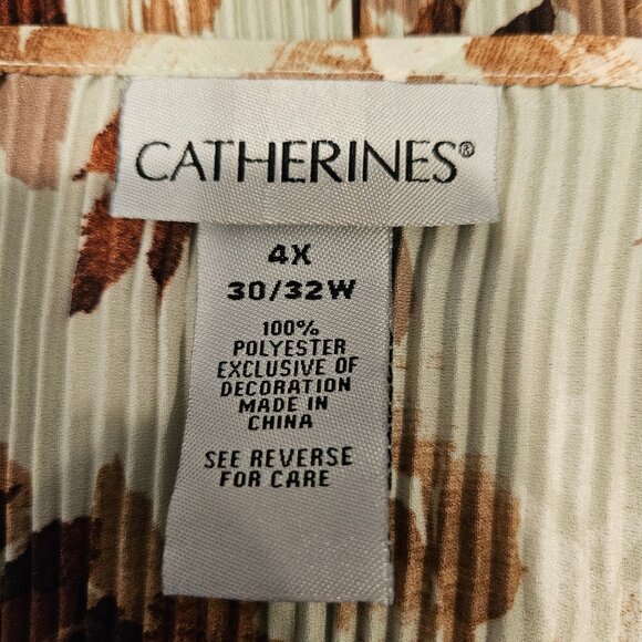 Catherines Womens 4X Brown Leaf Print Pleated Blouse Crochet Neck bell sleeves - Picture 13 of 15